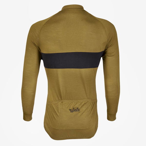 Army Olive Merino Wool Jersey - Long Sleeve Jersey with black stripe across the chest.  Back view.