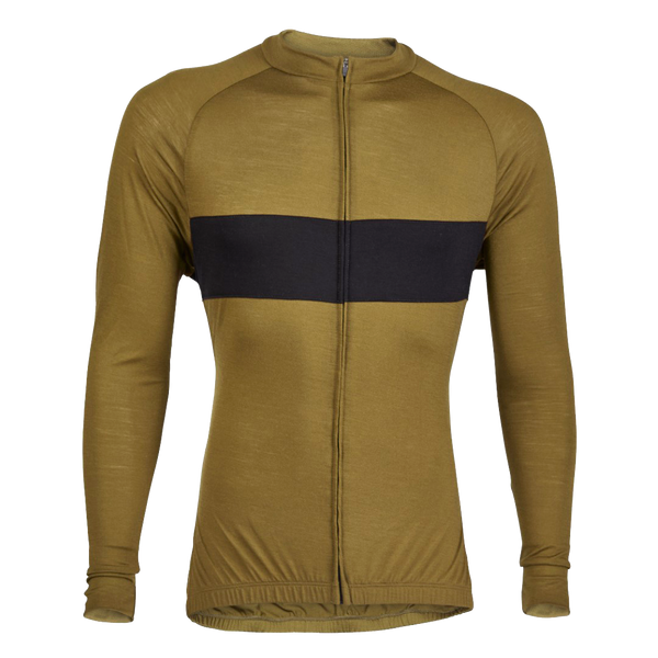 Army Olive Merino Wool Jersey - Long Sleeve Jersey with black stripe across the chest.  Front view.