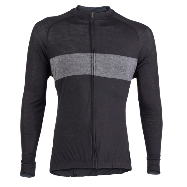 Midnight Black Merino Wool Long Sleeve Jersey with gray stripe across the chest.  Front view.