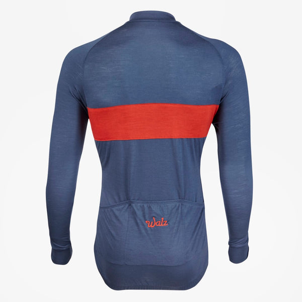Air Force Blue Merino Wool Jersey - Long Sleeve Jersey.  Red stripe across chest.  Back view.