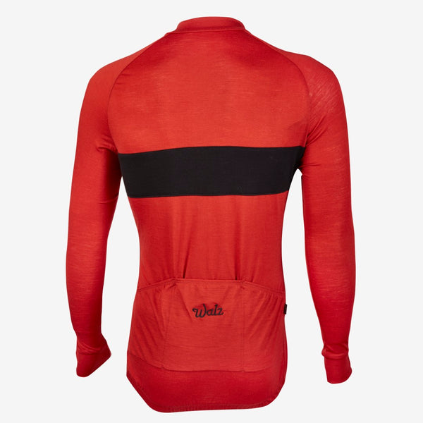 Flare Red Merino Wool Long Sleeve Jersey with black stripe across the chest.  Back view.