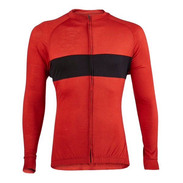 Flare Red Merino Wool Long Sleeve Jersey with black stripe across the chest.  Front view.