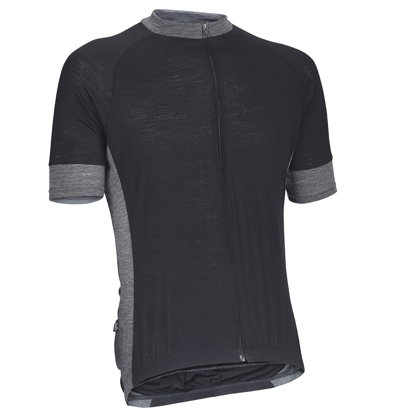 Midnight Black Merino Wool Short-Sleeve Jersey with gray accents on cuffs, neck, and sides.  Angled view.