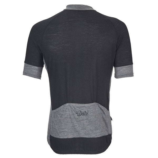 Midnight Black Merino Wool Short-Sleeve Jersey with gray accents on cuffs, neck, back pocket, and sides.  Back view.