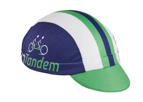 Cap For a Cause - "In Tandem" 3-Panel Technical Cycling Cap. Blue, white, and green cap with in Tandem text and tandem bike logo.  Angled view.