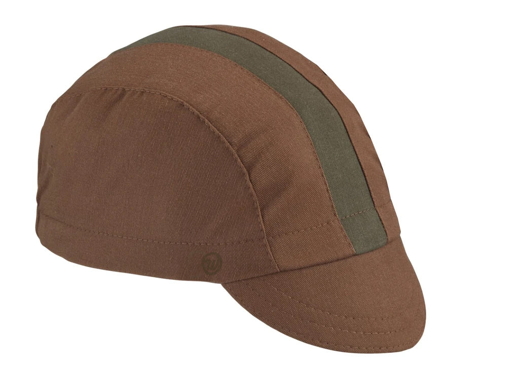 Nutmeg/Olive Stripe Cotton 3-Panel Cycling Cap. Angled view.