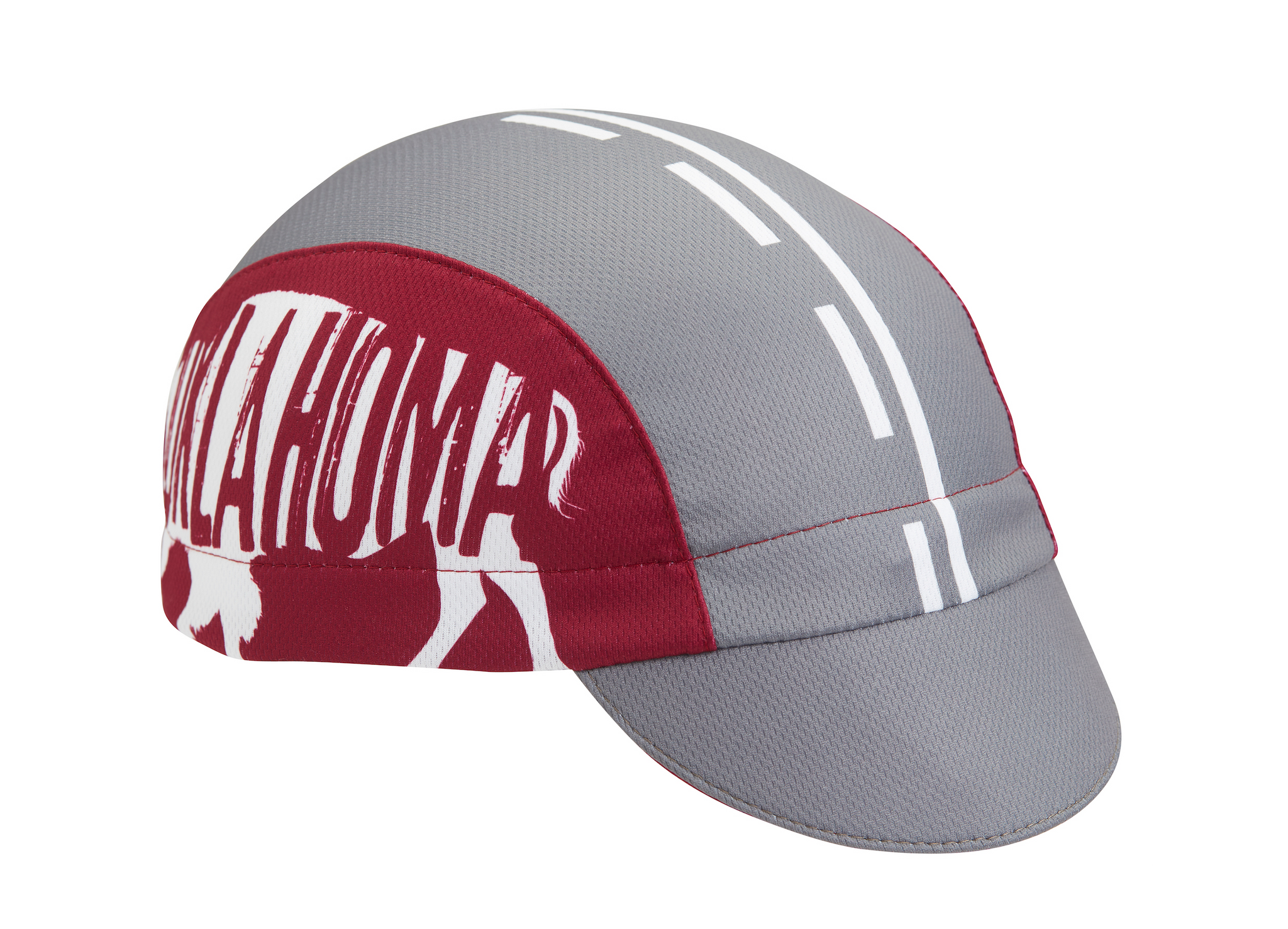 Oklahoma Technical 3-Panel Cycling Cap.  Gray and red cap with Buffalo print and OKLAHOMA text on side.  Angled view.