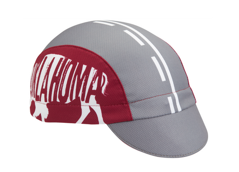 Oklahoma Technical 3-Panel Cycling Cap.  Gray and red cap with Buffalo print and OKLAHOMA text on side.  Angled view.