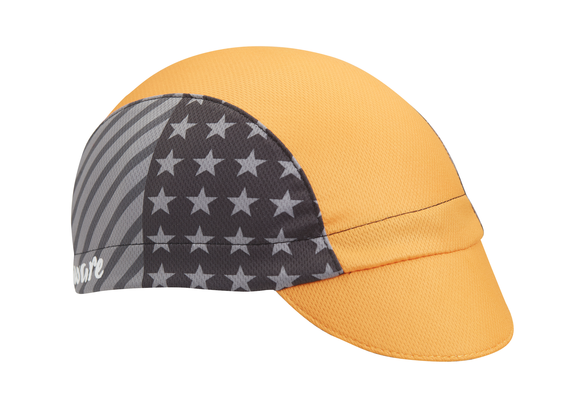 Delaware Technical 3-Panel Cycling Cap.  Yellow cap with black and white american flag side panel.  Angled view.