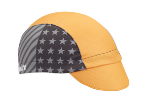 Delaware Technical 3-Panel Cycling Cap.  Yellow cap with black and white american flag side panel.  Angled view.