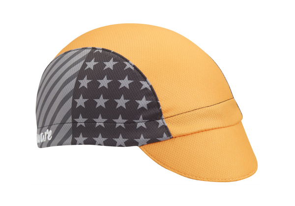 Delaware Technical 3-Panel Cycling Cap.  Yellow cap with black and white american flag side panel.  Angled view.