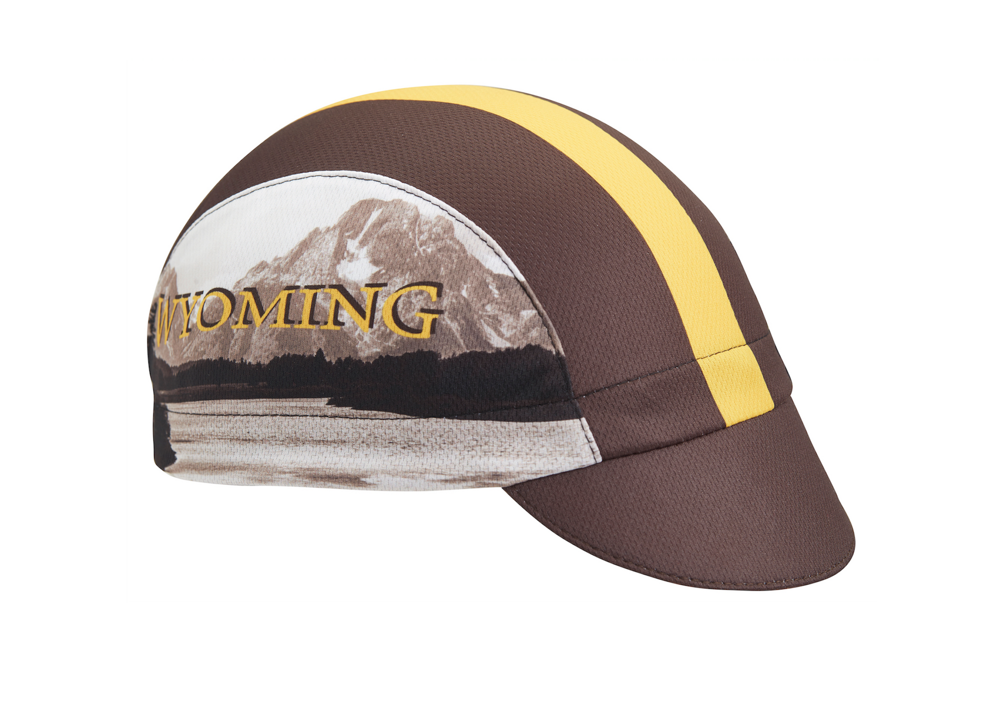 Wyoming Technical 3-Panel Cycling Cap. Brown cap with yellow stripe and Grand Teton imagery on side.  Angled view.