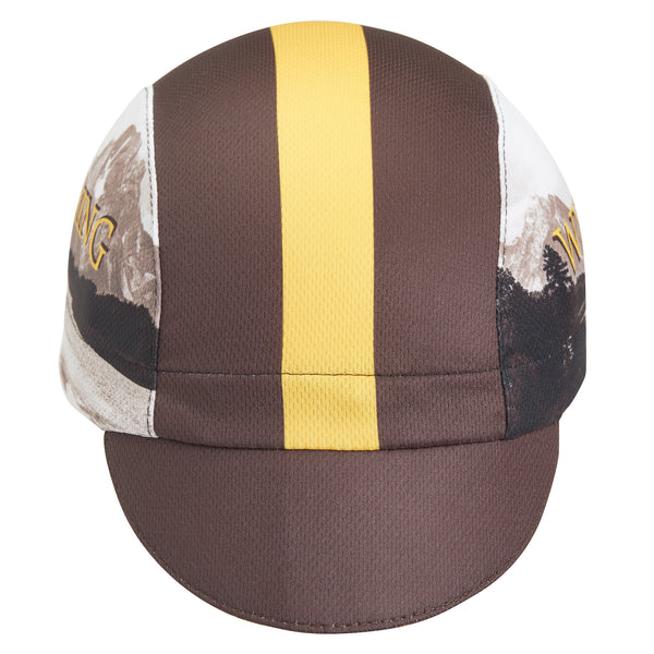 Wyoming Technical 3-Panel Cycling Cap. Brown cap with yellow stripe and Grand Teton imagery on side.  Front view.