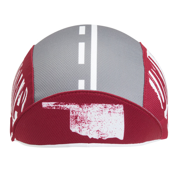 Oklahoma Technical 3-Panel Cycling Cap.  Gray and red cap with Oklahoma state outline.  Brim up front view.