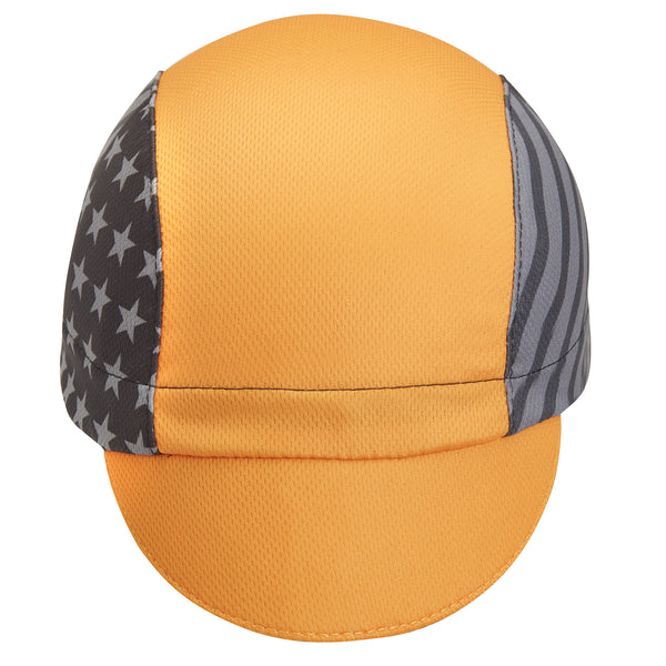 Delaware Technical 3-Panel Cycling Cap.  Yellow cap with black and white american flag side panel.  Front view.
