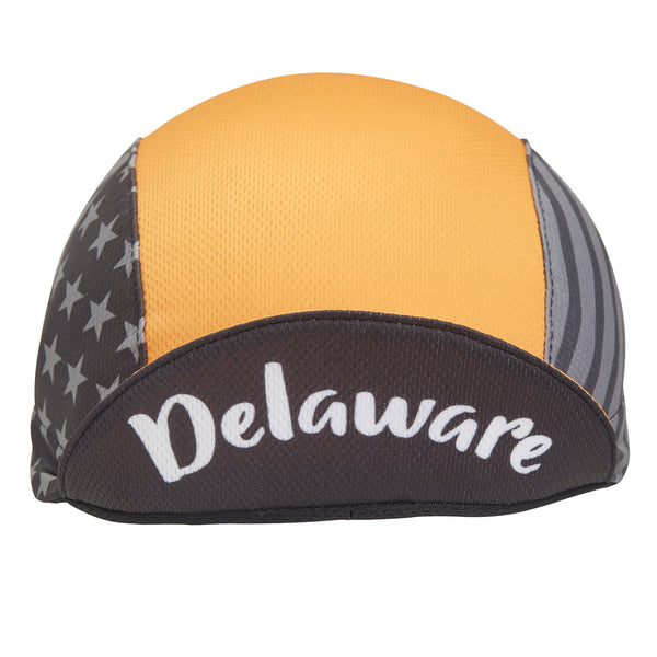 Delaware Technical 3-Panel Cycling Cap.  Yellow cap with black and white american flag side panel.  Delaware text under brim. Brim up front view.