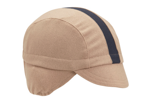 Camel/Navy Stripe Wool Flannel Ear Flap Cap. Angled view.