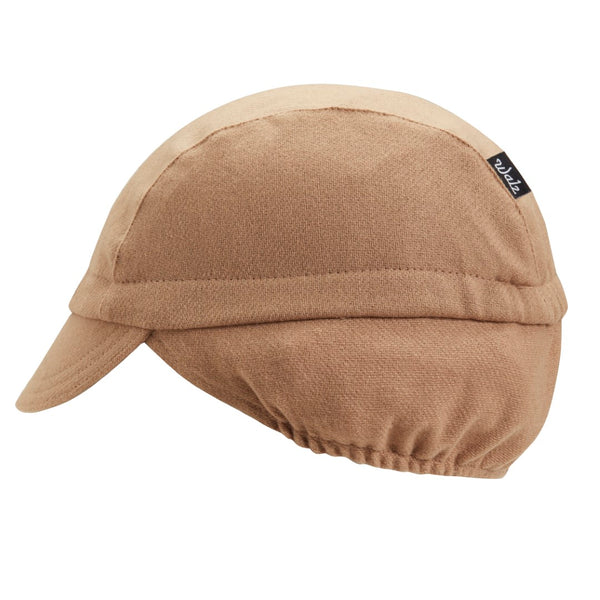 Camel/Navy Stripe Wool Flannel Ear Flap Cap. Side view.