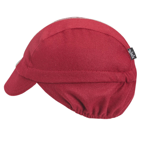 Maroon/Gray Stripe Wool Flannel Ear Flap 3-Panel Cap. Side view.