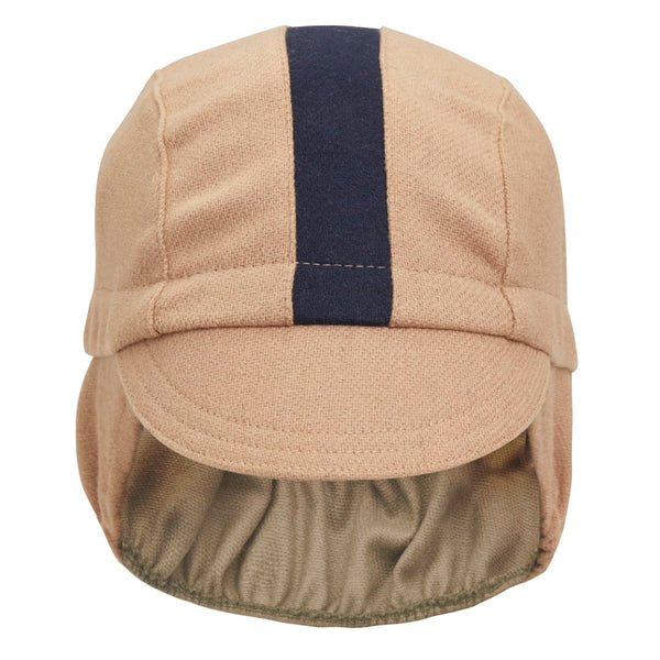 Camel/Navy Stripe Wool Flannel Ear Flap Cap. Front view.