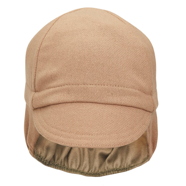 Camel Wool Flannel Ear Flap Cap. Front view.