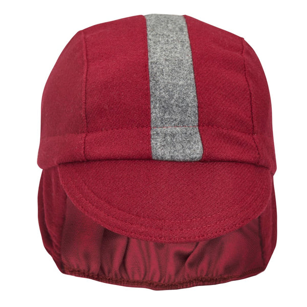 Maroon/Gray Stripe Wool Flannel Ear Flap 3-Panel Cap. Front view.