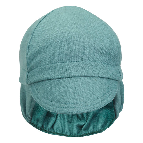 Jade Wool Flannel Ear Flap Cap. Front view.