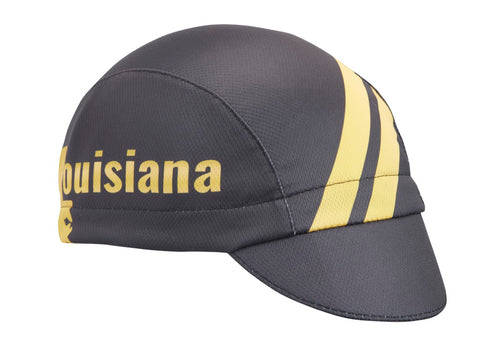 Louisiana Technical 3-Panel Cycling Cap.  Black cap with yellow stripes and Louisiana text on side. Angled view.