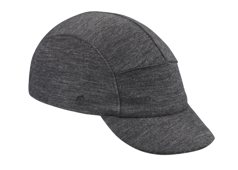 Velo/City Cap - Charcoal Grey Merino Wool 5-Panel Cap. Angled view.