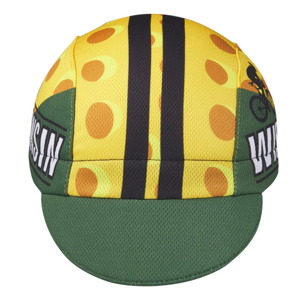 Wisconsin Technical 3-Panel Cycling Cap. Green and yellow cap with cheese print.  Black stripes on top and WISCONSIN text on side.  Front view.