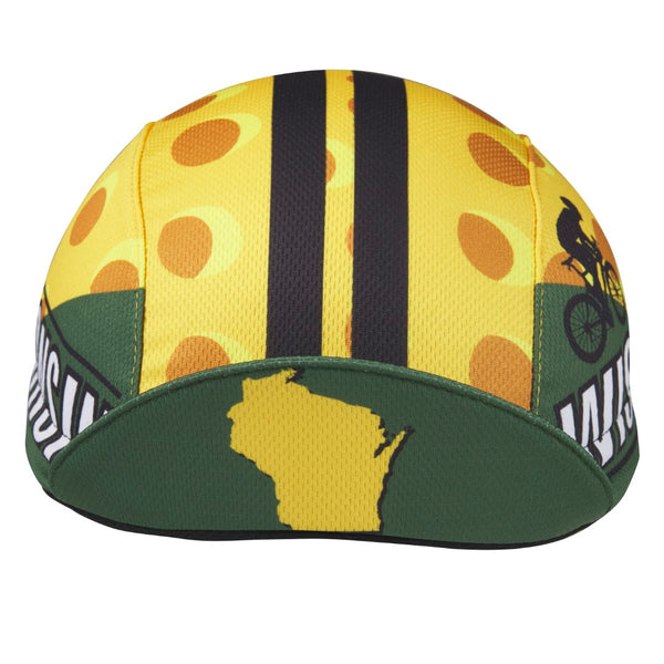 Wisconsin Technical 3-Panel Cycling Cap. Green and yellow cap with cheese print.  Black stripes on top and WISCONSIN text on side. Wisconsin state outline under brim.  Brim up front view.