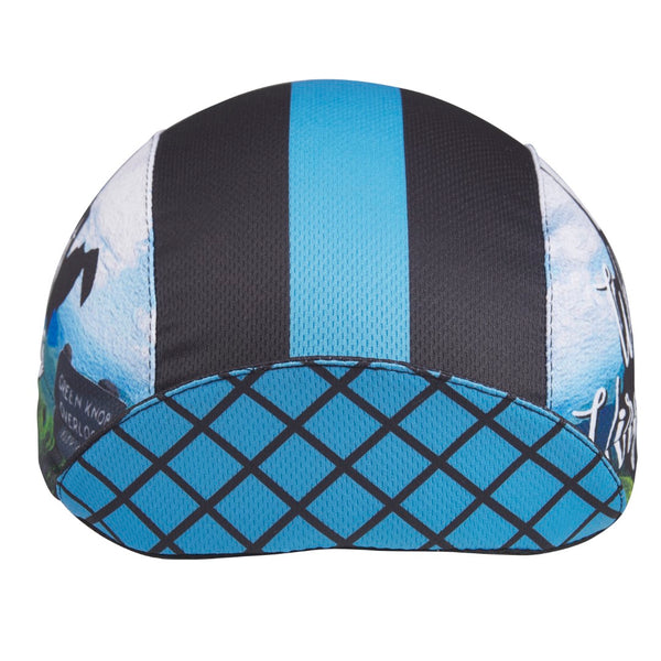West Virginia Technical 3-Panel Cycling Cap. Black cap with light blue stripe. Black angled grid design under brim. Brim up front view.