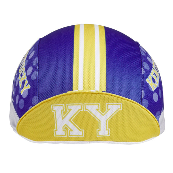 Kentucky 3-Panel Technical Cycling Cap.  Blue, white and yellow cap with KY text under brim.  Brim up front view.