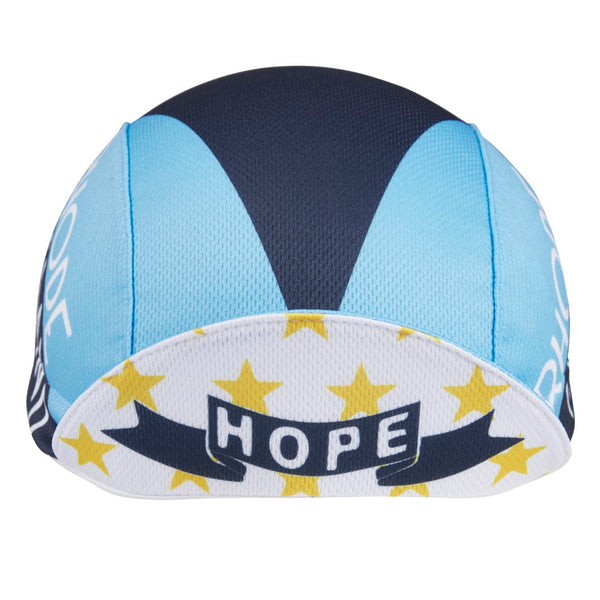 Rhode Island Technical 3-Panel Cycling Cap.  Baby blue and navy blue cap with HOPE ribbon an stars under brim. Brim up front view.