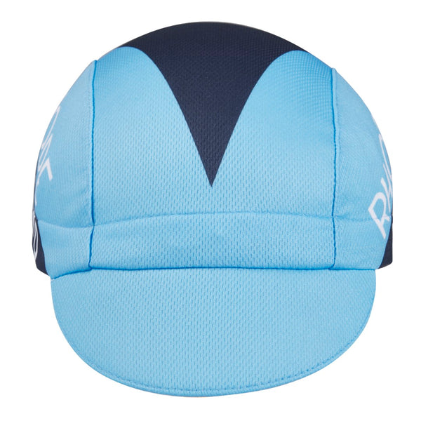 Rhode Island Technical 3-Panel Cycling Cap.  Baby blue and navy blue cap. Front view.