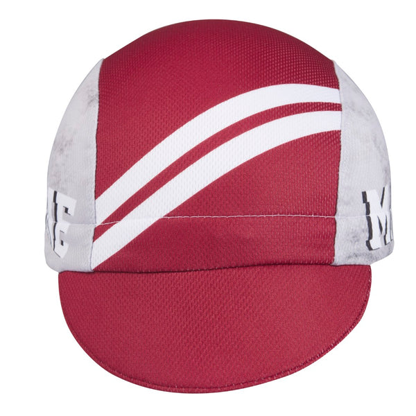 Maine Technical 3-Panel Cycling Cap.  Red cap with white stripes.  Gray side panel with lobster graphic and MAINE text.  Front view.