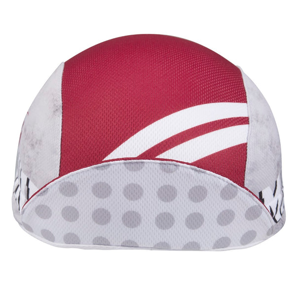 Maine Technical 3-Panel Cycling Cap.  Red cap with white stripes.  Gray side panel.  Gray polka dots under brim.  Brim up front view.