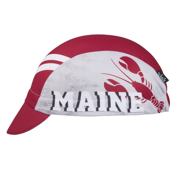 Maine Technical 3-Panel Cycling Cap.  Red cap with white stripes.  Gray side panel with lobster graphic and MAINE text.  Side view.