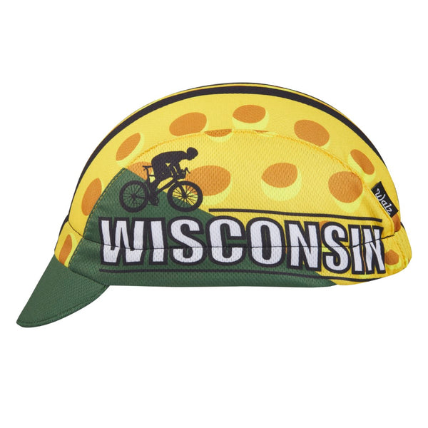 Wisconsin Technical 3-Panel Cycling Cap. Green and yellow cap with cheese print.  Black stripes on top and WISCONSIN text on side.  Side view.