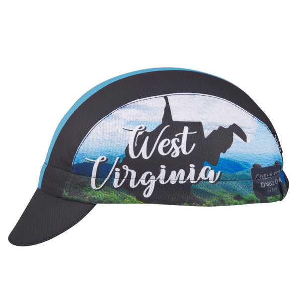 West Virginia Technical 3-Panel Cycling Cap. Black cap with light blue stripe.  West Virgina outline and Green Knob Overlook image on side. Side view.