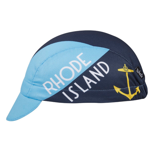 Rhode Island Technical 3-Panel Cycling Cap.  Baby blue and navy blue cap with RHODE ISLAND text and anchor imagery on side. Side view.