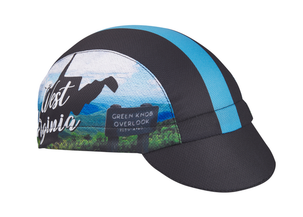 West Virginia Technical 3-Panel Cycling Cap. Black cap with light blue stripe.  West Virgina outline and Green Knob Overlook image on side. Angled view.