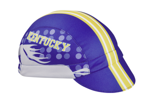 Kentucky 3-Panel Technical Cycling Cap.  Blue, white and yellow cap with Kentucky mustang imagery on side.  Angled view.