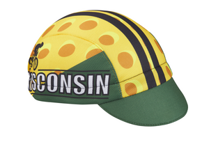 Wisconsin Technical 3-Panel Cycling Cap. Green and yellow cap with cheese print.  Black stripes on top and WISCONSIN text on side.  Angled view.