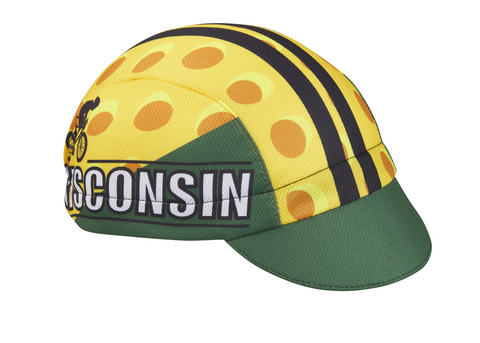 Wisconsin Technical 3-Panel Cycling Cap. Green and yellow cap with cheese print.  Black stripes on top and WISCONSIN text on side.  Angled view.