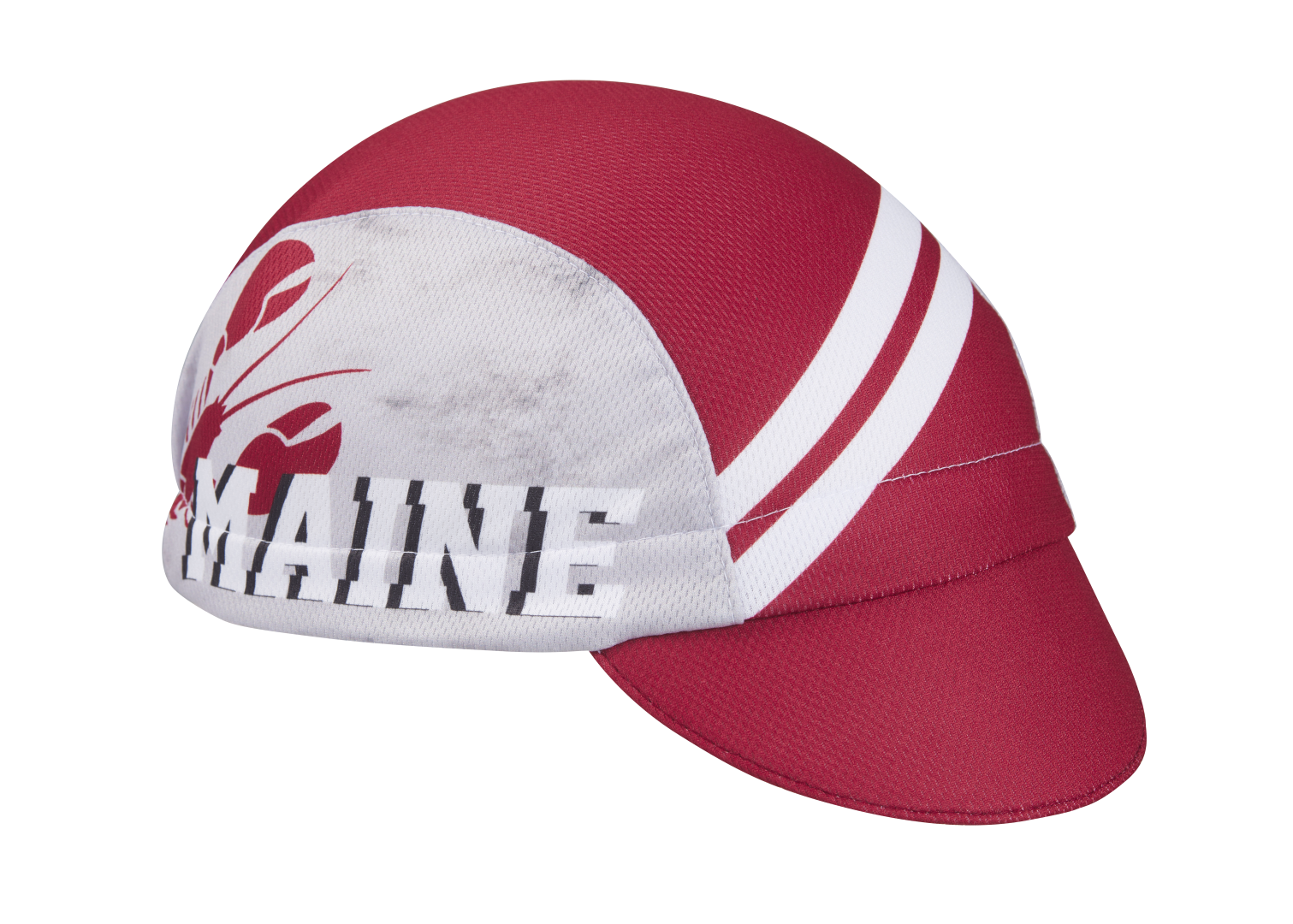 Maine Technical 3-Panel Cycling Cap.  Red cap with white stripes.  Gray side panel with lobster graphic and MAINE text.  Angled view.