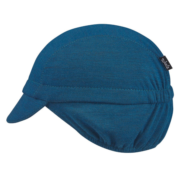 Blue/Grey Stripe Merino Wool Ear Flap Cap.  Side view.
