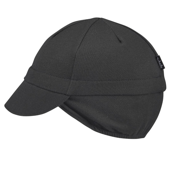 Black Merino Wool Ear Flap Cap.  4-panel wool cap with ear flaps.  Side view.