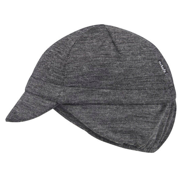 Charcoal Merino Wool 4-Panel Ear Flap Cap. Side view.