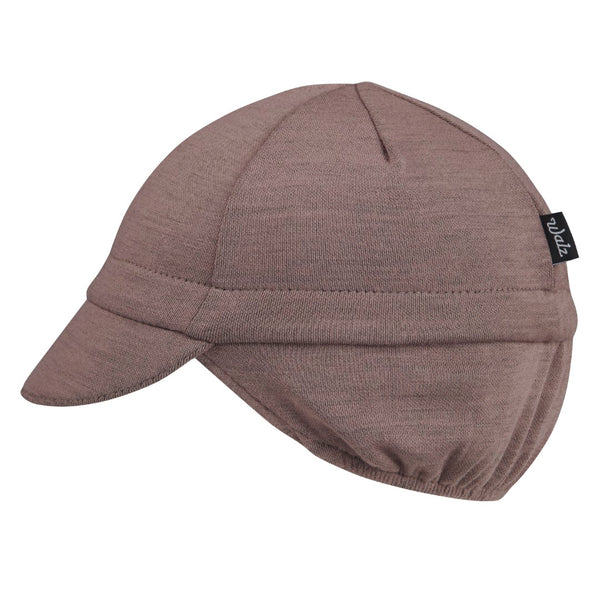 Grey Merino Wool 4-Panel Ear Flap Cap. Side view.